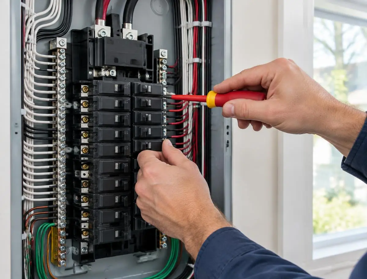 Residential electrician working inside a home electrical breaker panel in Jefferson County, WA