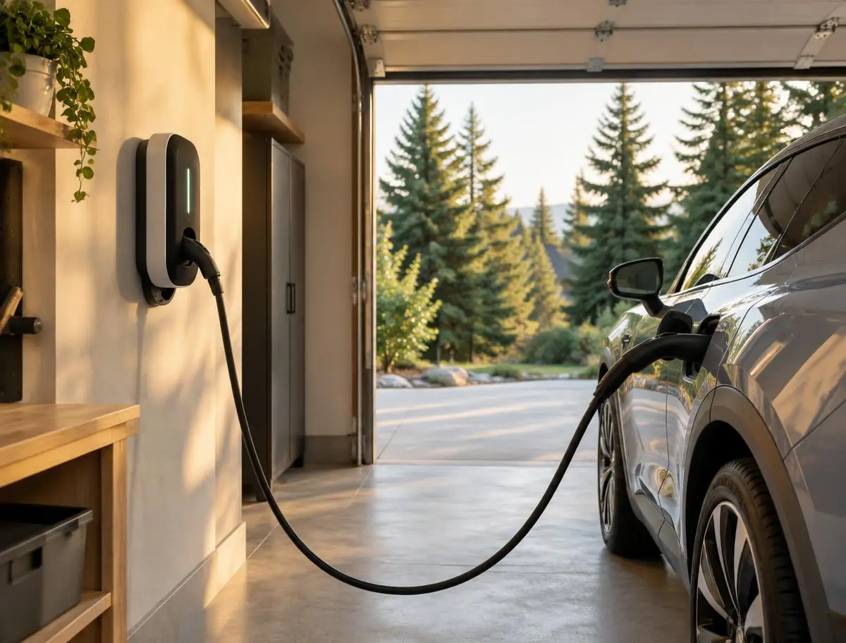 Level 2 EV charger installed on a garage wall charging an electric car in Jefferson County, WA