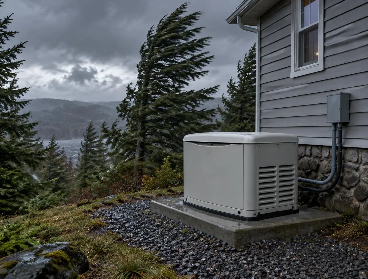Standby home generator beside a rural Olympic Peninsula house during a winter windstorm
